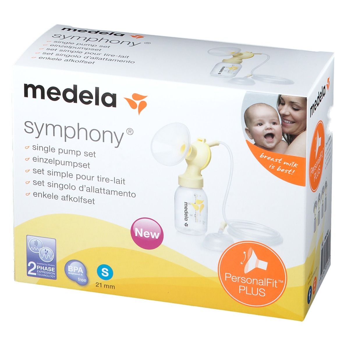 Boîte du set de tire-lait Medela Symphony. Comprend une pompe à lait jaune et des accessoires. Taille S, 21 mm.