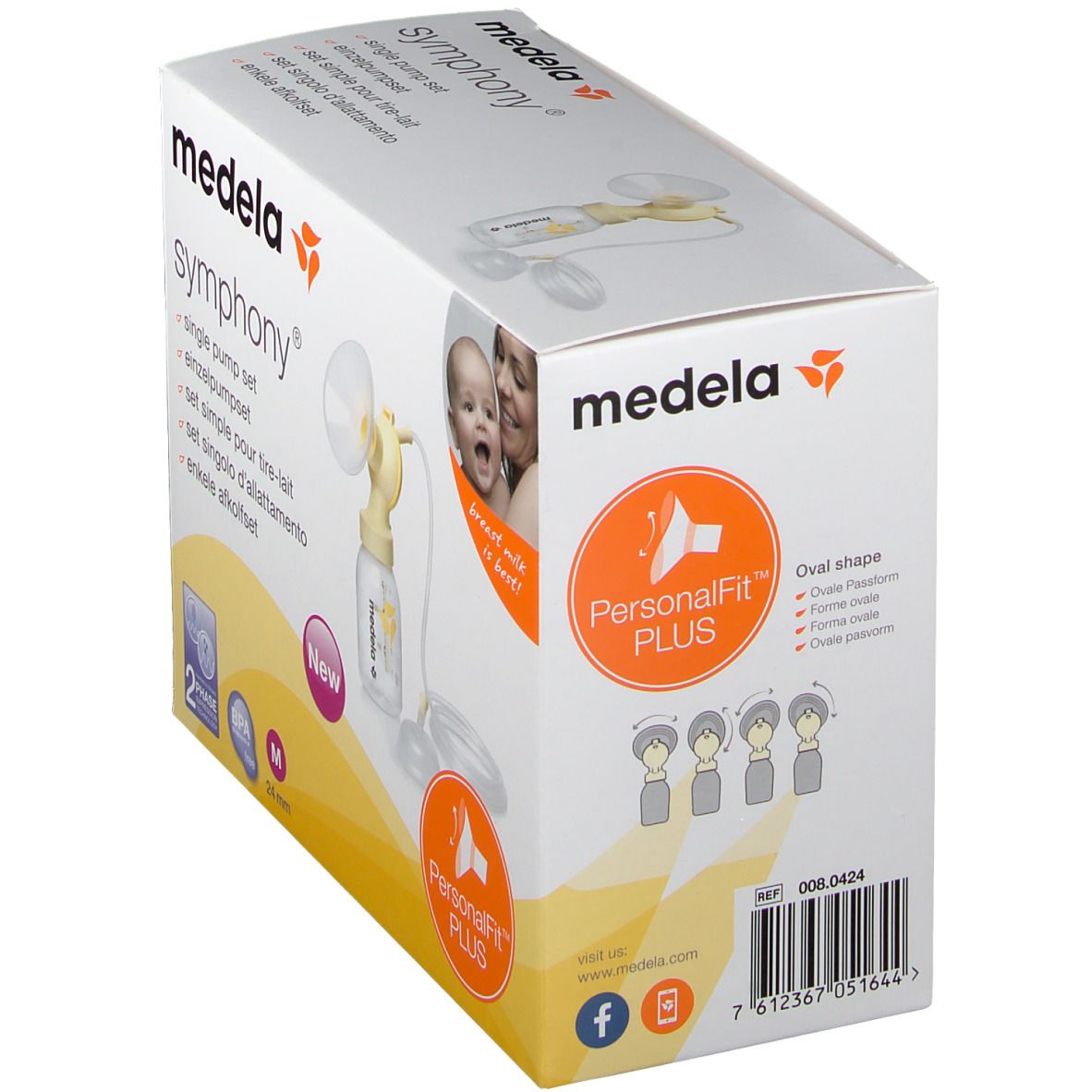 Set de pompe simple Medela Symphony. Emballage avec image du produit. PersonalFit PLUS. Forme ovale.