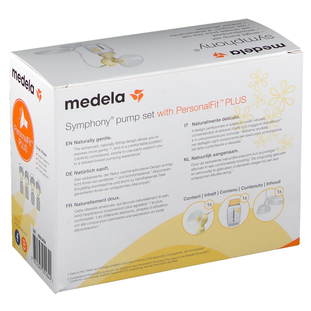 Set de pompe Medela Symphony avec PersonalFit PLUS. Contenu : pompe, flacon, téterelle. Texte en plusieurs langues.