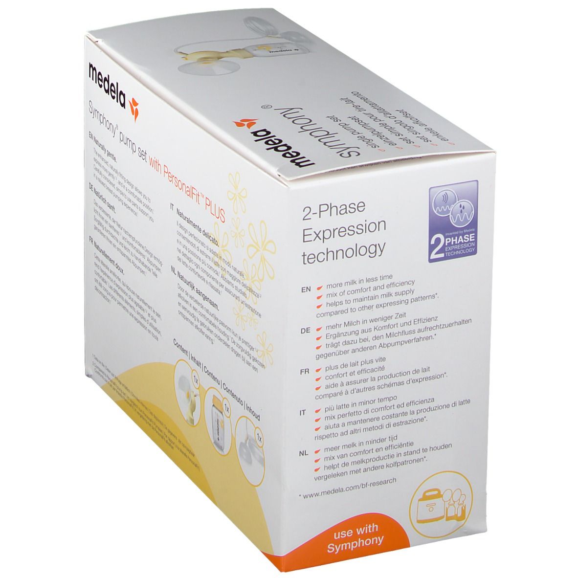 Set de pompe Medela Symphony avec PersonalFit PLUS. Technologie d'expression 2 phases. Texte multilingue.