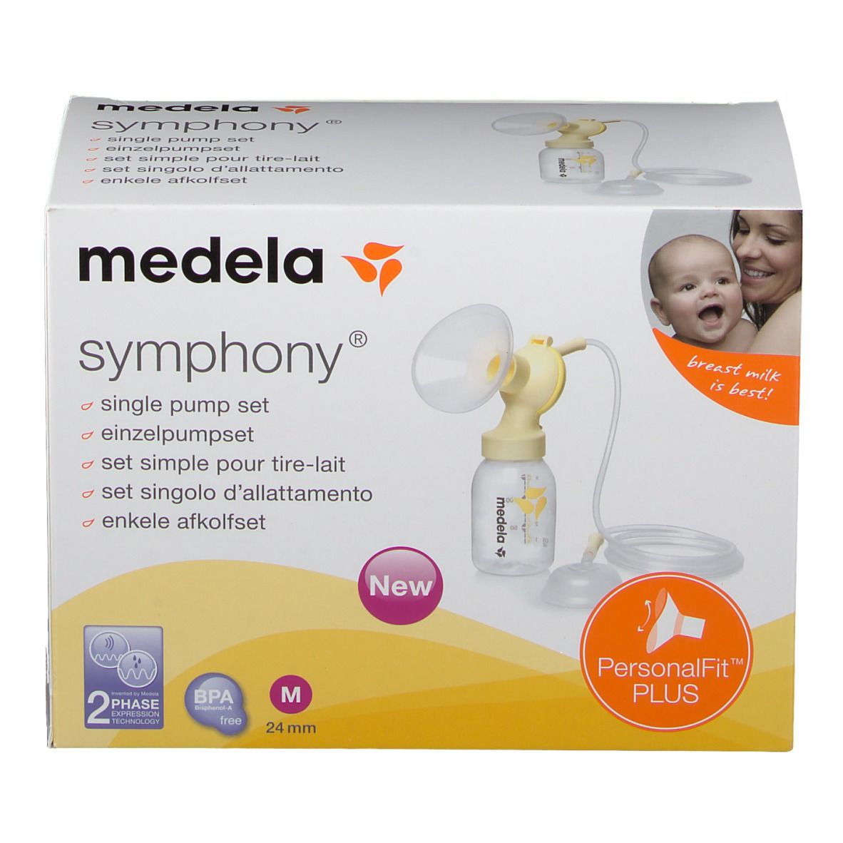 Set de pompe simple Medela Symphony. Pompe jaune, flacon, emballage. Taille M, 24 mm. Sans BPA.