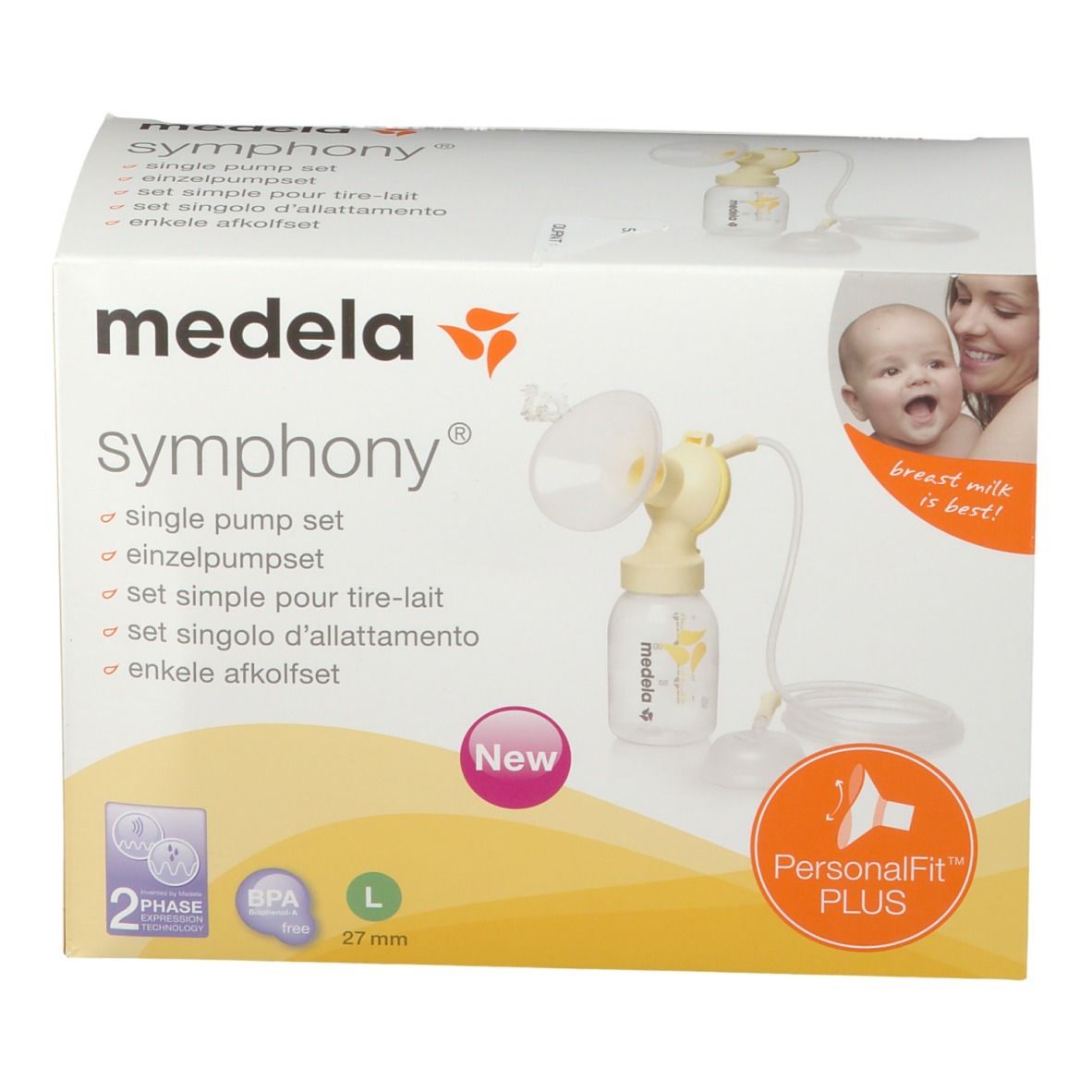 Boîte de set simple pour tire-lait. Comprend pompe, biberon et accessoires. Taille L, 27mm. Marque: Medela Symphony.