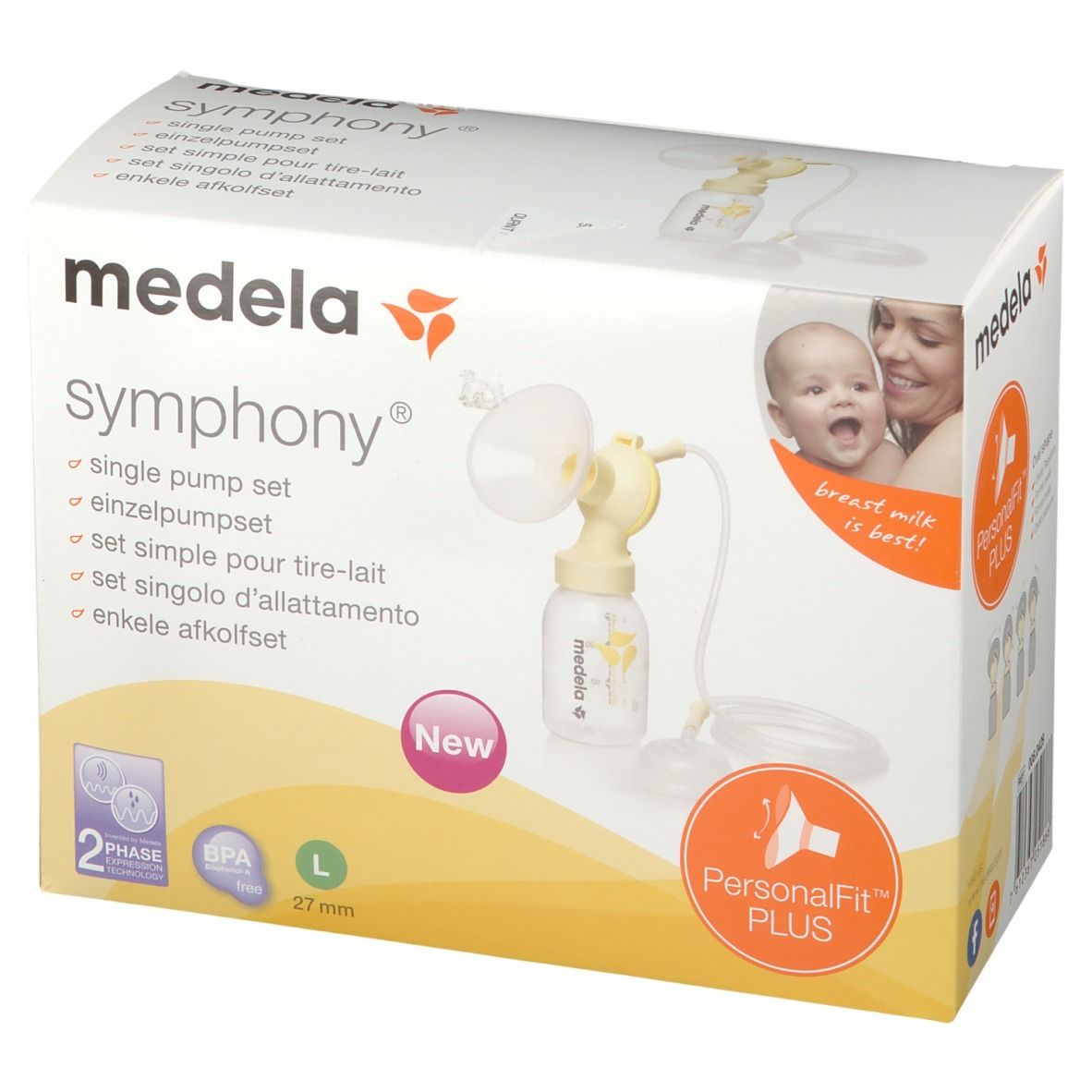 Boîte de set simple pour tire-lait. Comprend pompe, biberon et accessoires. Taille L, 27mm. Marque: Medela Symphony.