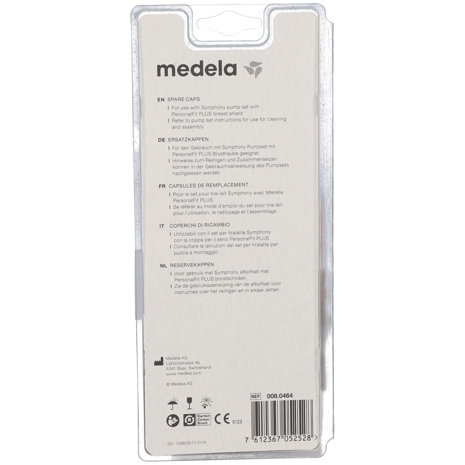 Dos de l'emballage des capsules Medela Symphony. Texte en allemand, anglais, français, néerlandais et italien. Marque CE.