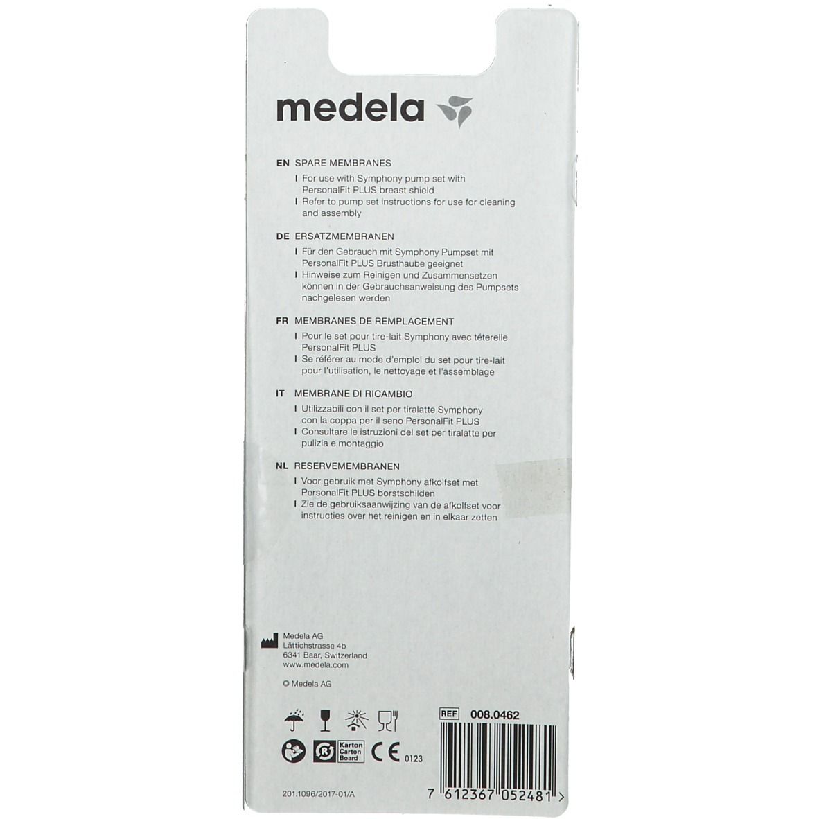 Dos de l'emballage avec texte multilingue. Marque Medela, texte Membranes de remplacement.