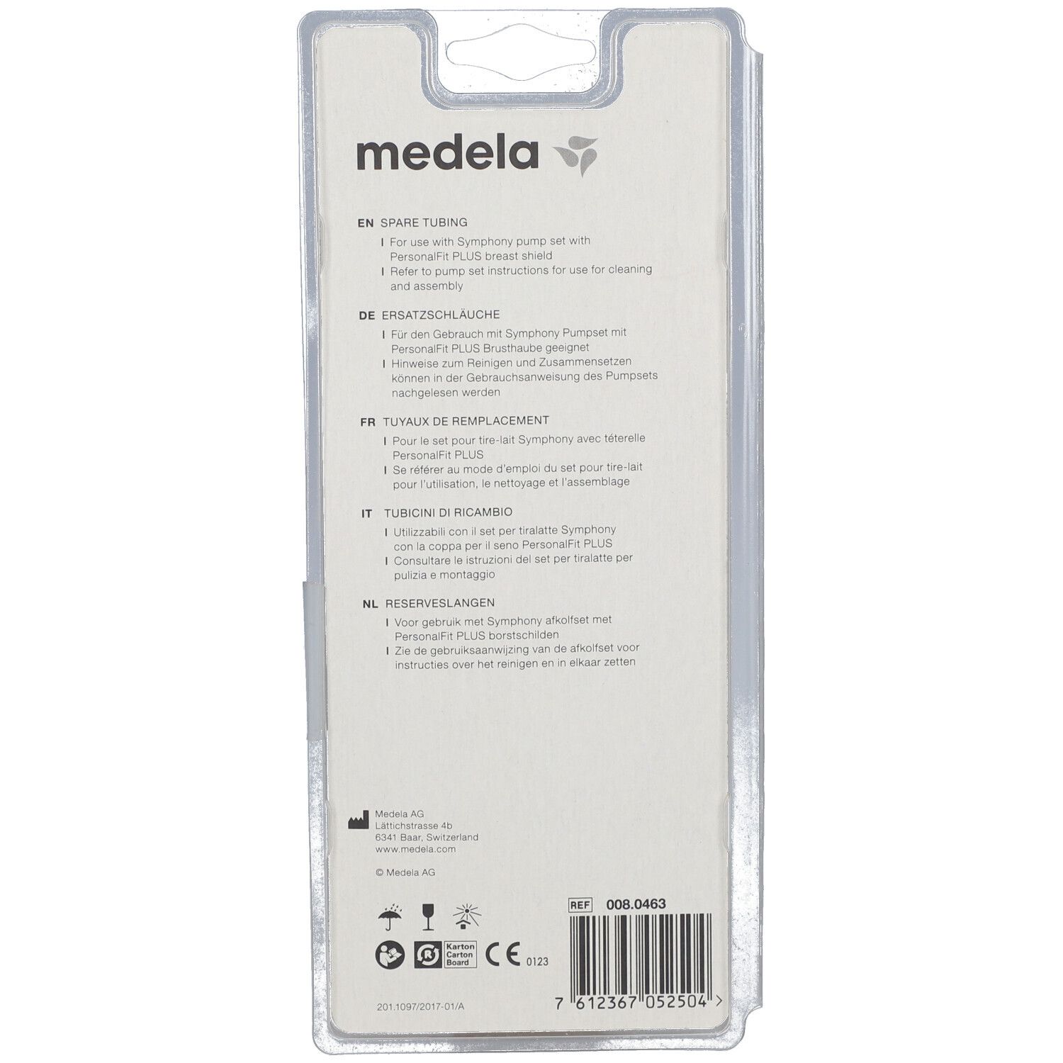 Rückseite der Verpackung mit Produktinformationen. Text in Deutsch, Französisch, Italienisch und Niederländisch. CE-Kennzeichnung.