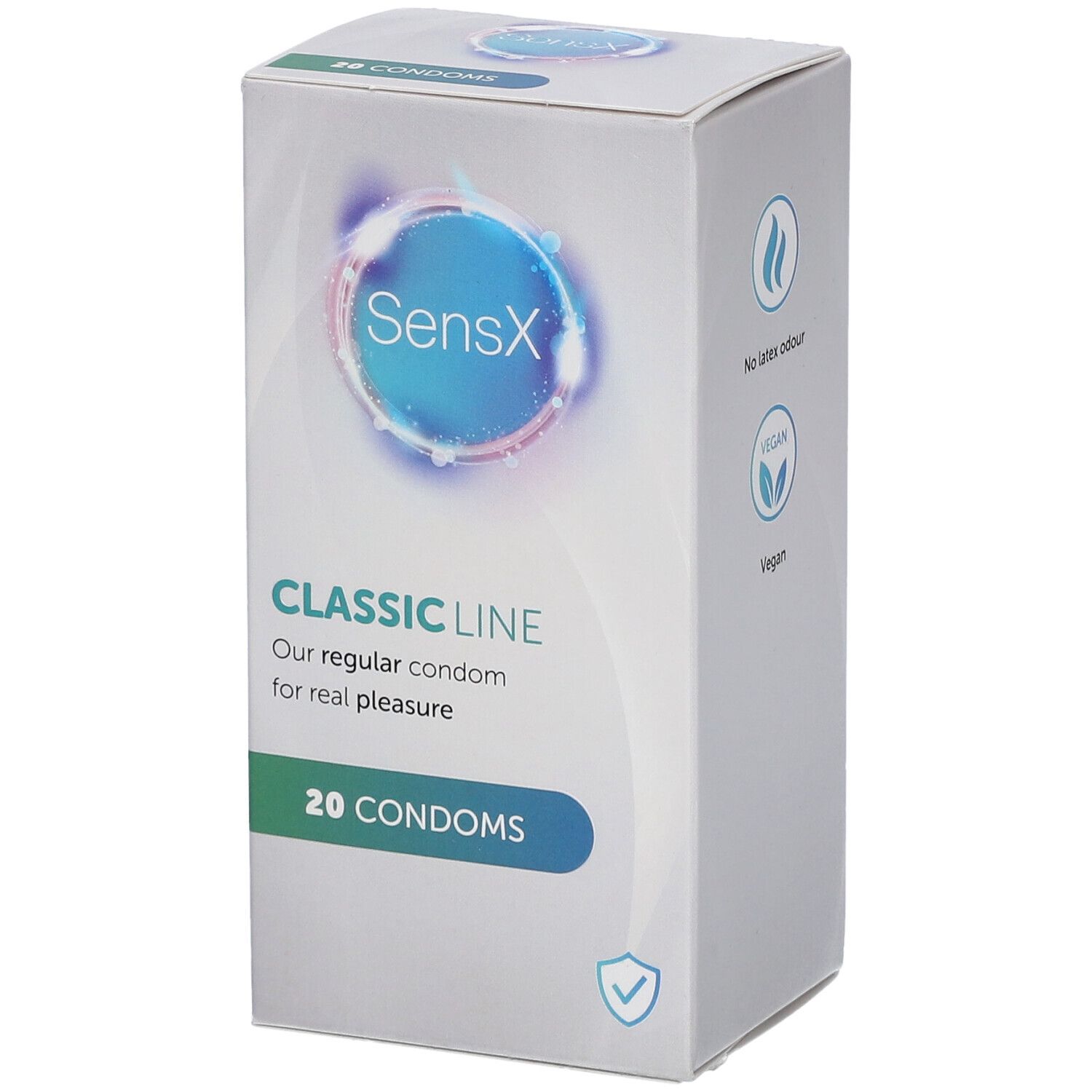Doosje SensX Classic Line condooms. 20 stuks. Opschriften: SensX, Classic Line, ons reguliere condoom voor echt plezier.