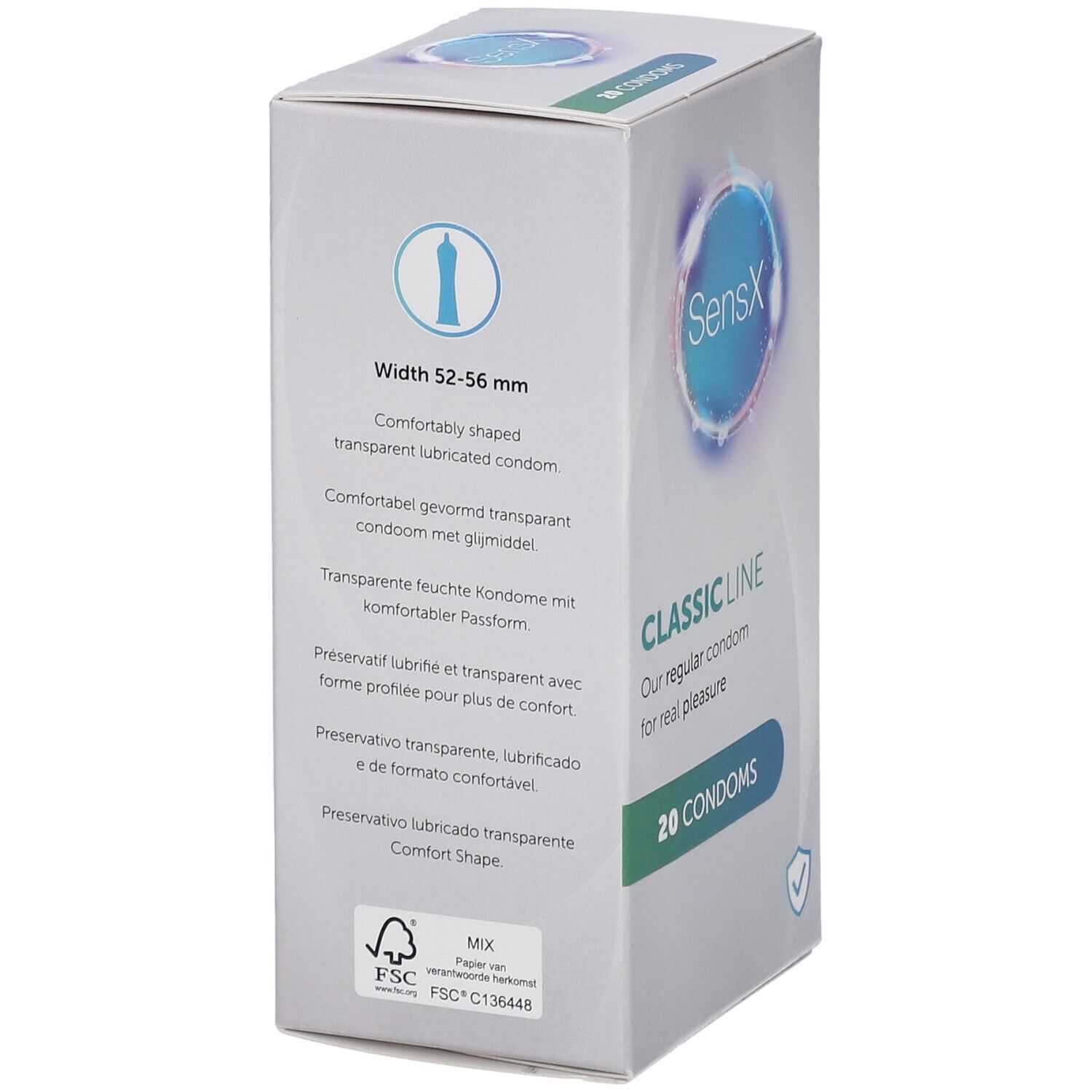 Achterkant van de SensX Classic Line condoomsdoos. Maatinformatie, FSC-certificering en instructies in meerdere talen.