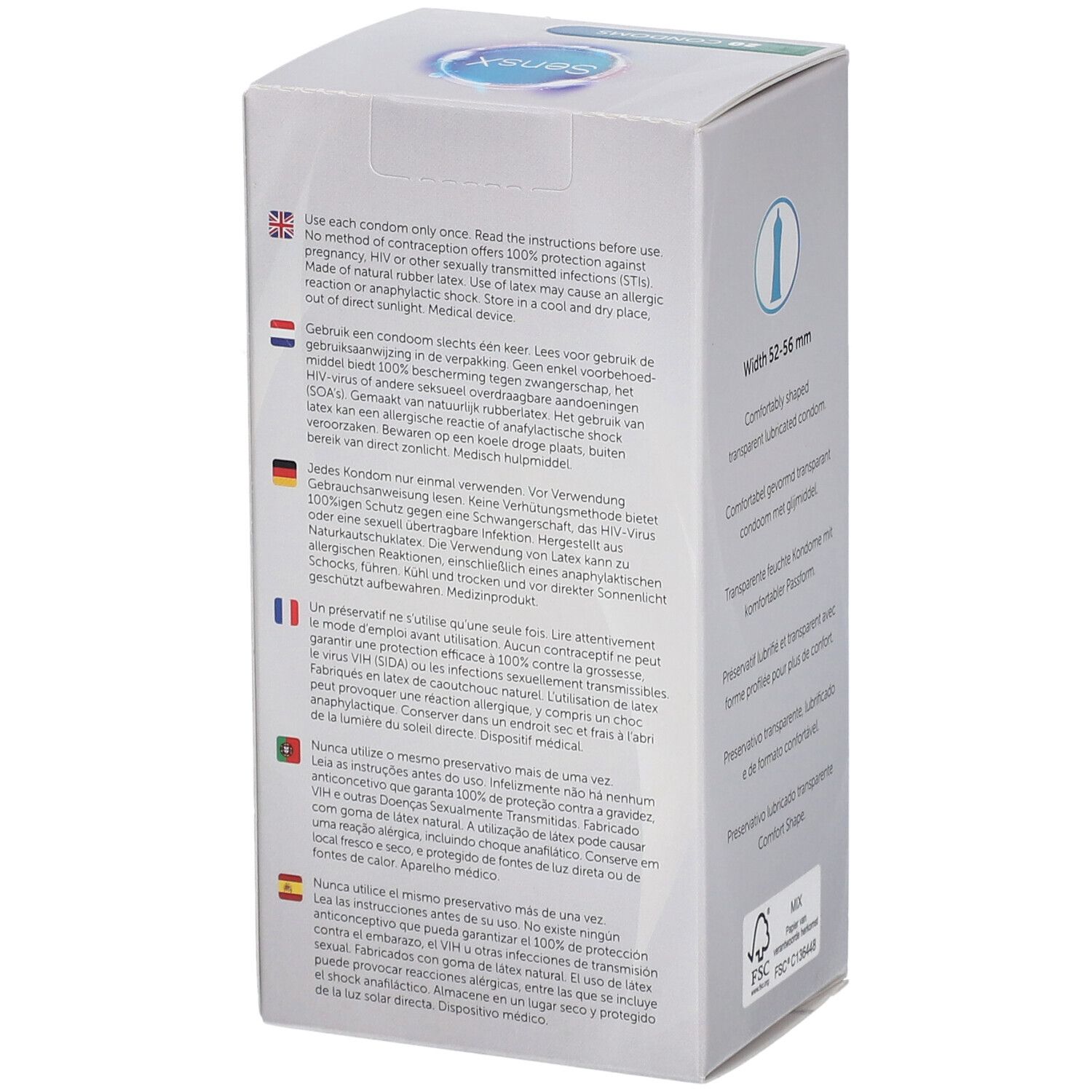 Achterkant van de SensX Classic Line condoomsdoos. Gebruiksaanwijzingen in meerdere talen, FSC-certificering.