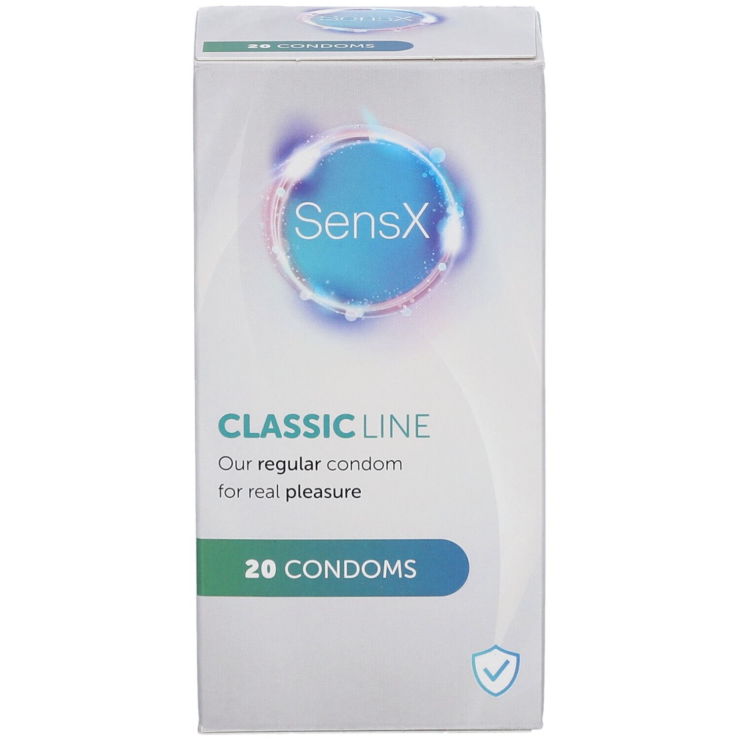 Voorkant van de SensX Classic Line condoomsdoos. Opschriften: SensX, Classic Line, ons reguliere condoom voor echt plezier. 20 condooms.