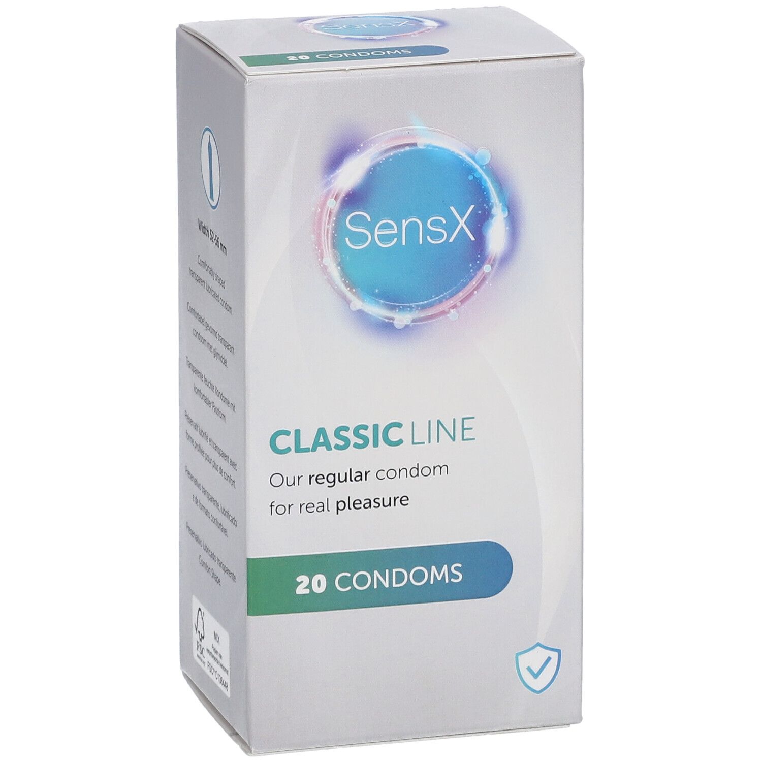 Voorkant van de SensX Classic Line condoomsdoos. Opschriften: SensX, Classic Line, ons reguliere condoom voor echt plezier. 20 condooms.