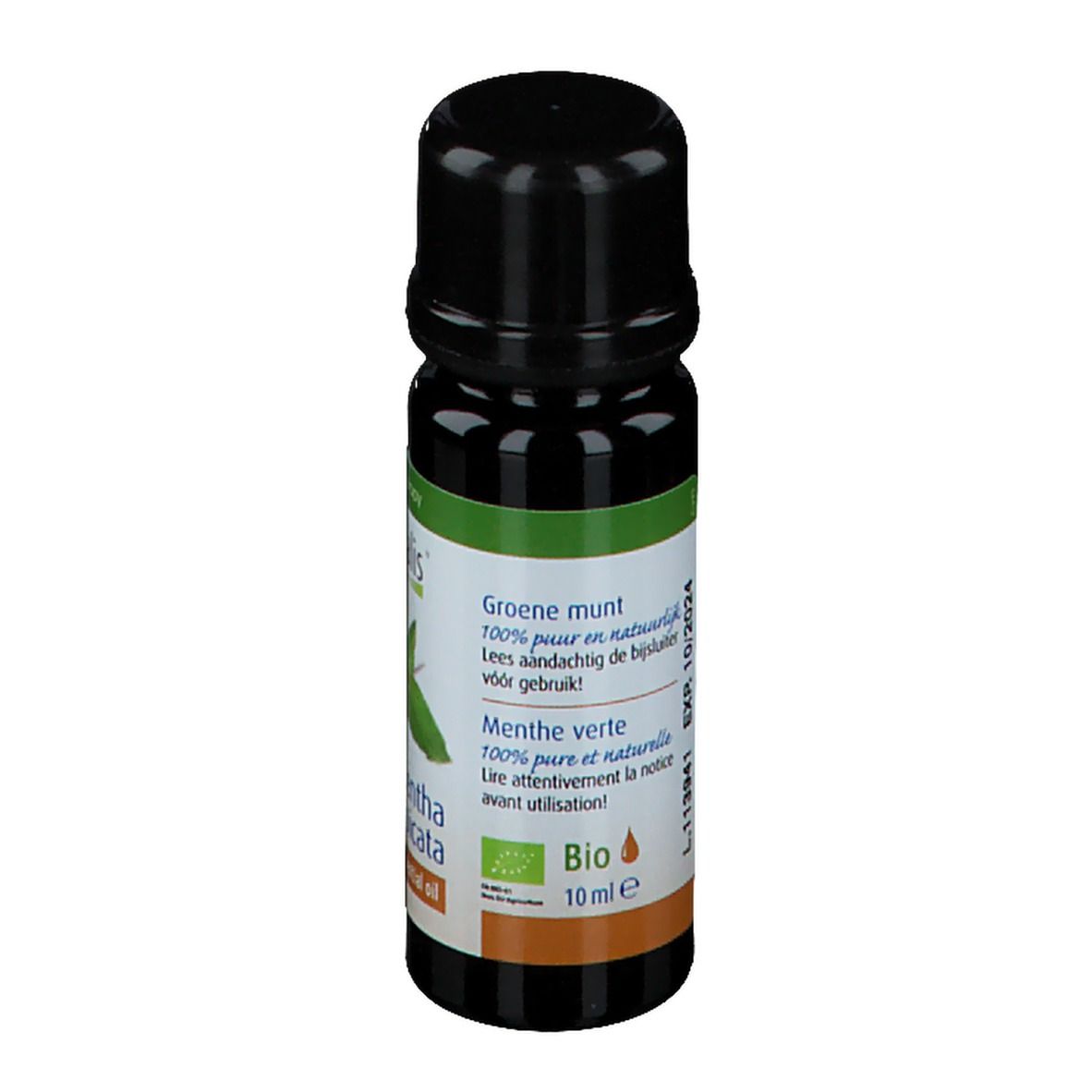 Braune Glasflasche mit schwarzem Deckel. Etikett mit Produktinformationen und Bio-Siegel.