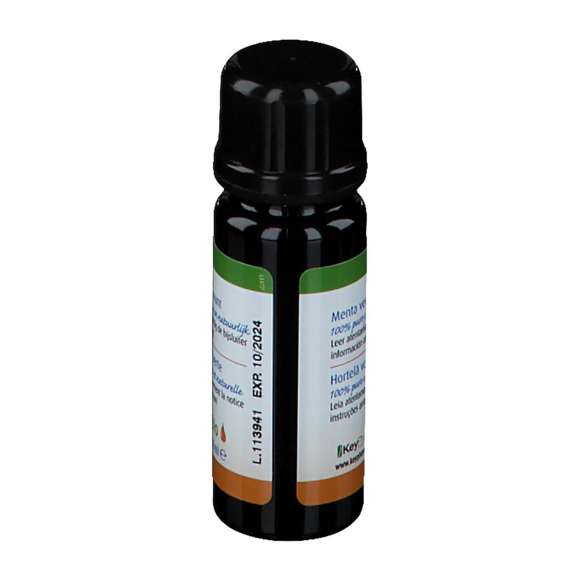Braune Glasflasche mit schwarzem Deckel. Rückseite mit Produktinformationen und Haltbarkeitsdatum.