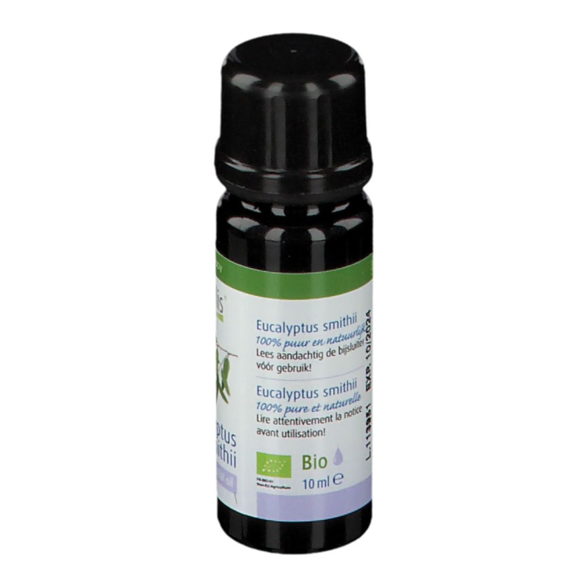 Flacon en verre brun avec bouchon noir. Étiquette verte, informations produit, 10 ml.