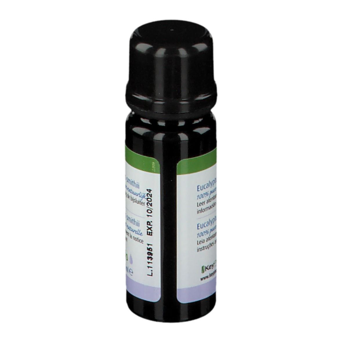 Flacon brun, bouchon noir. Étiquette verte, informations produit, EXP 10/2024.