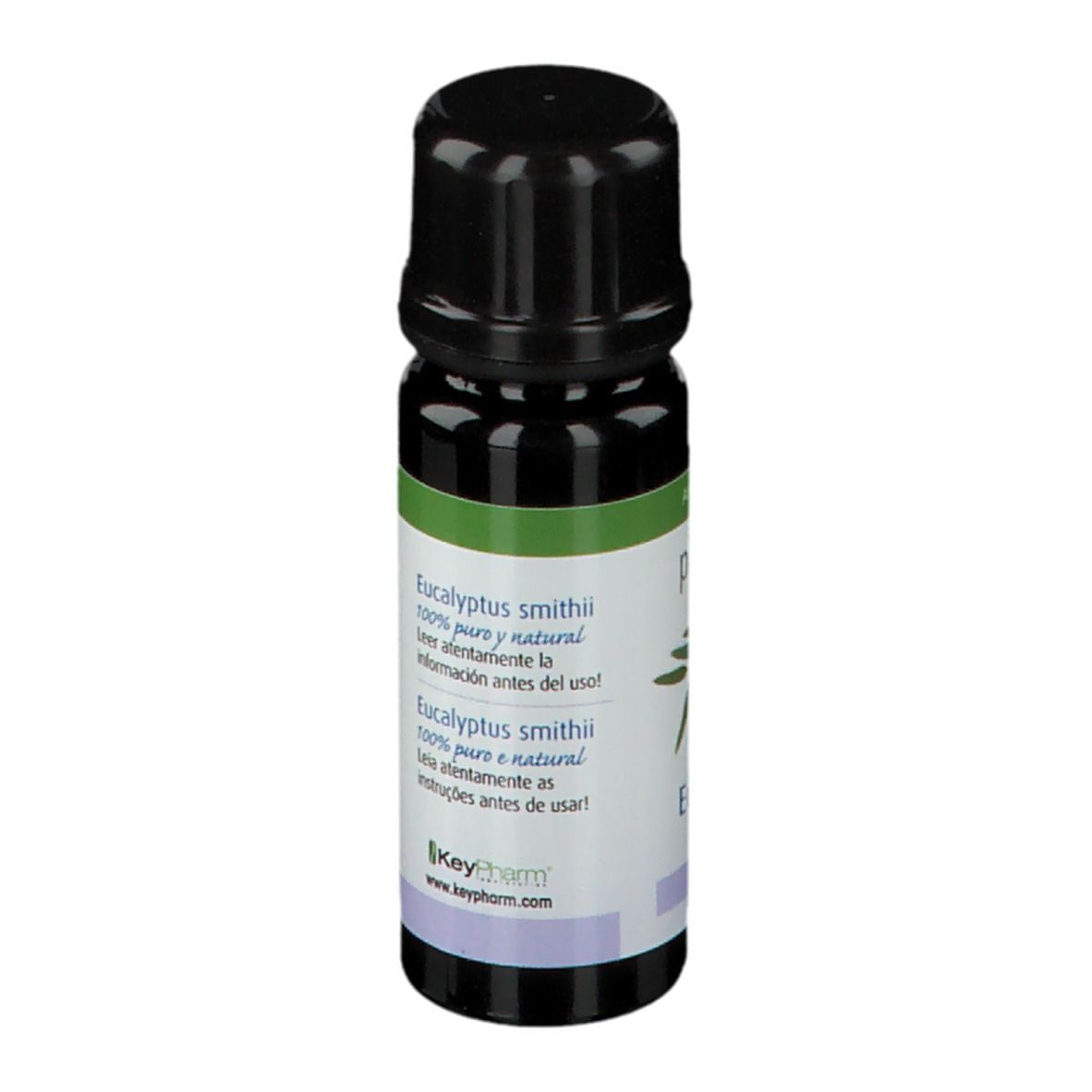 Flacon brun, bouchon noir. Étiquette verte, informations produit.