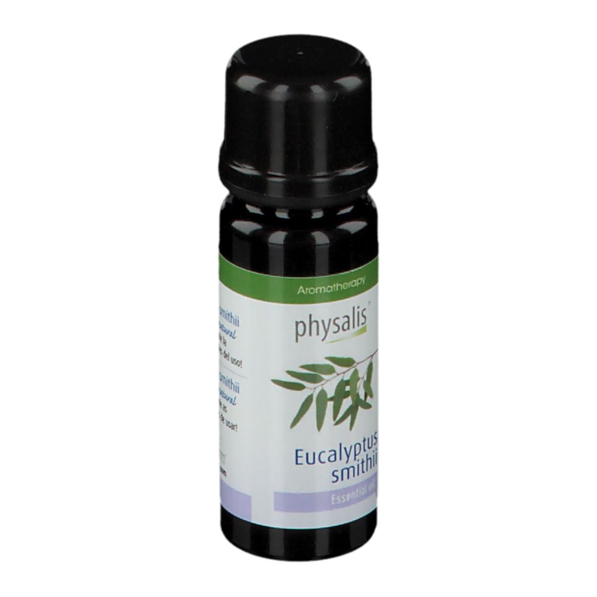 Flacon brun, bouchon noir. Étiquette verte, informations produit.