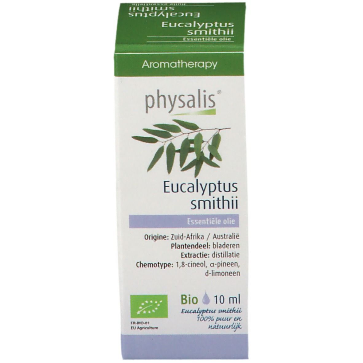 Emballage avec informations produit. Blanc/vert, texte et logo.