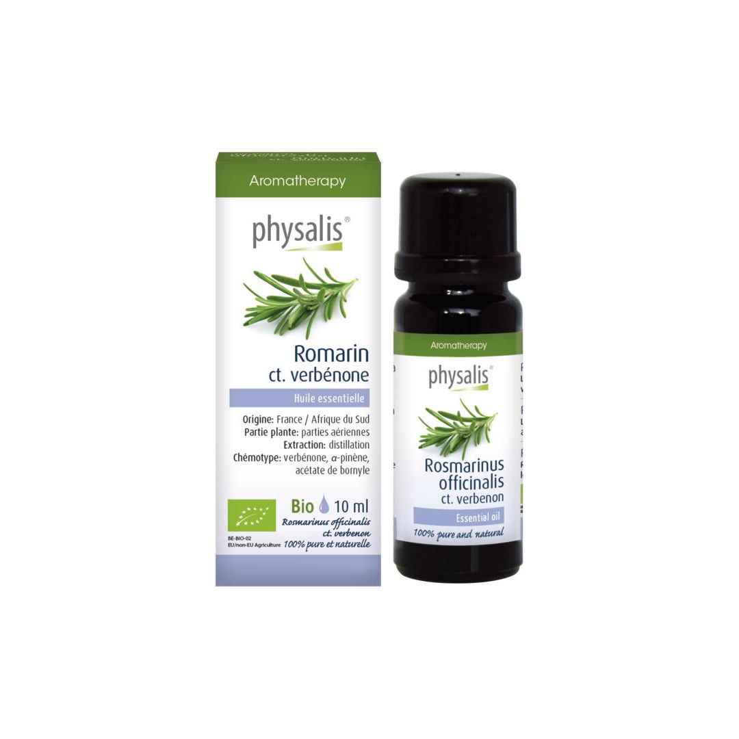 Flacon et boîte. Flacon avec bouchon noir. Boîte avec nom du produit et label Bio. 10 ml.
