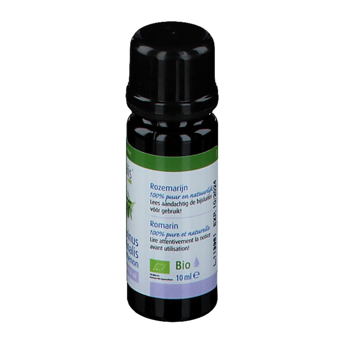 Flacon brun avec bouchon noir. Étiquette avec informations produit et label Bio. 10 ml.