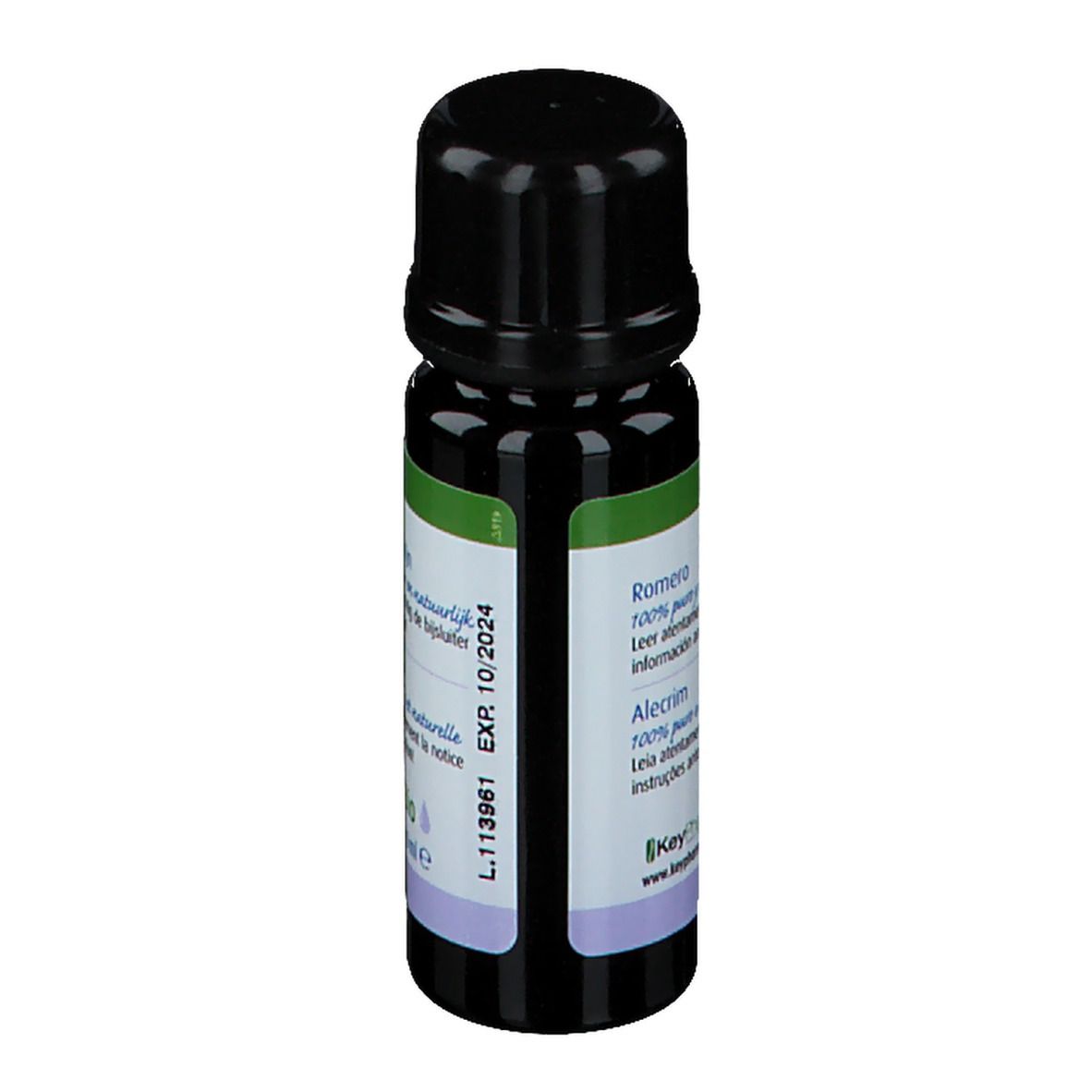 Flacon brun avec bouchon noir. Étiquette avec informations produit et date de péremption. 10 ml.