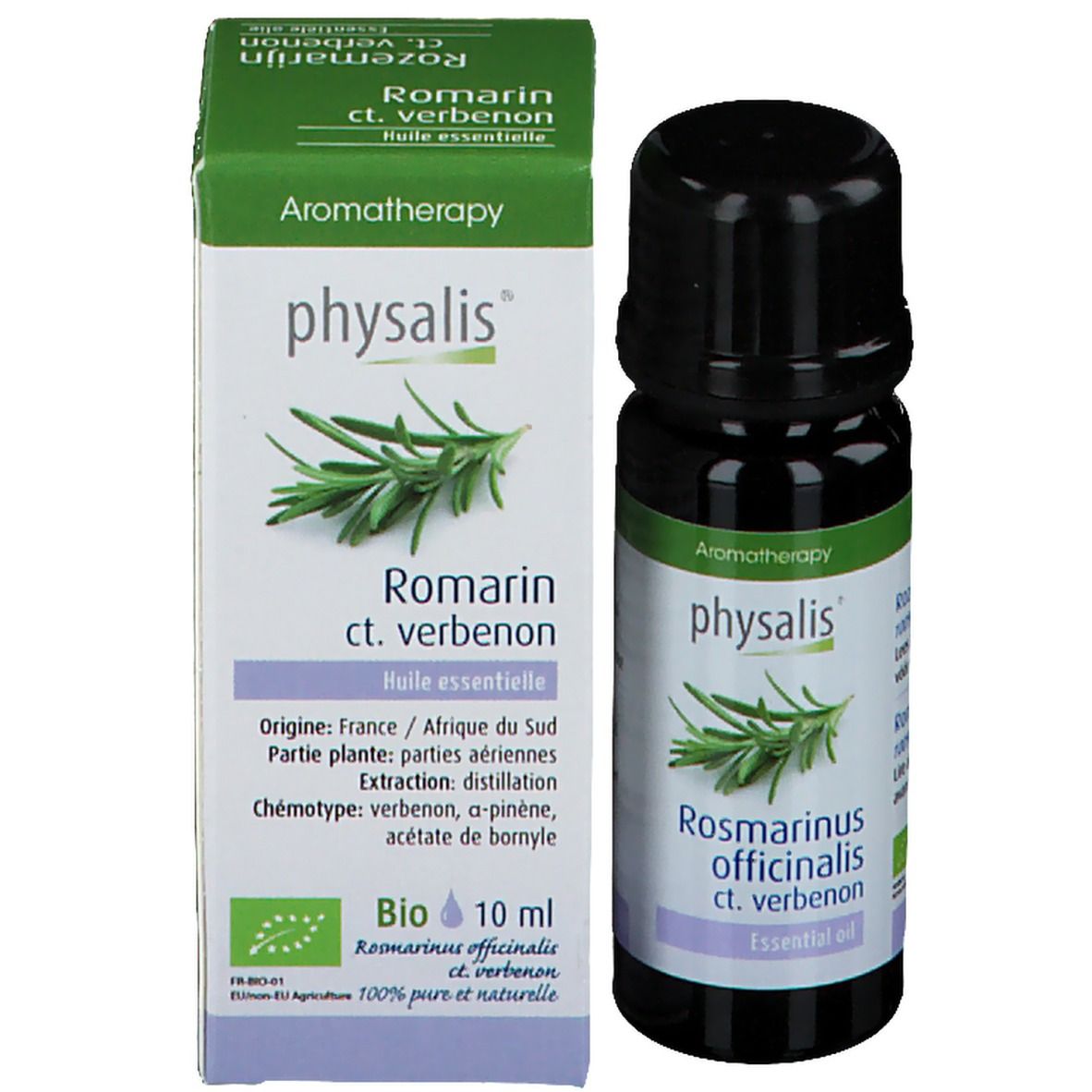 Flacon et boîte. Flacon avec bouchon noir. Boîte avec nom du produit et label Bio. 10 ml.