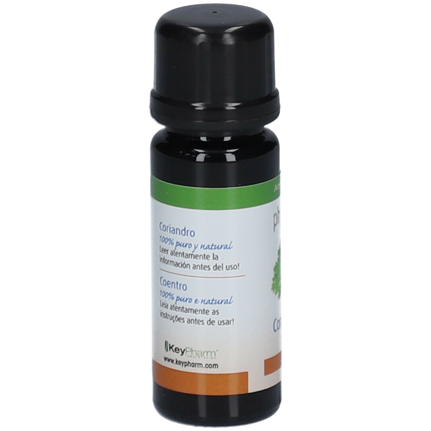 Flacon brun avec bouchon noir. Étiquette avec texte en plusieurs langues. Aromathérapie.
