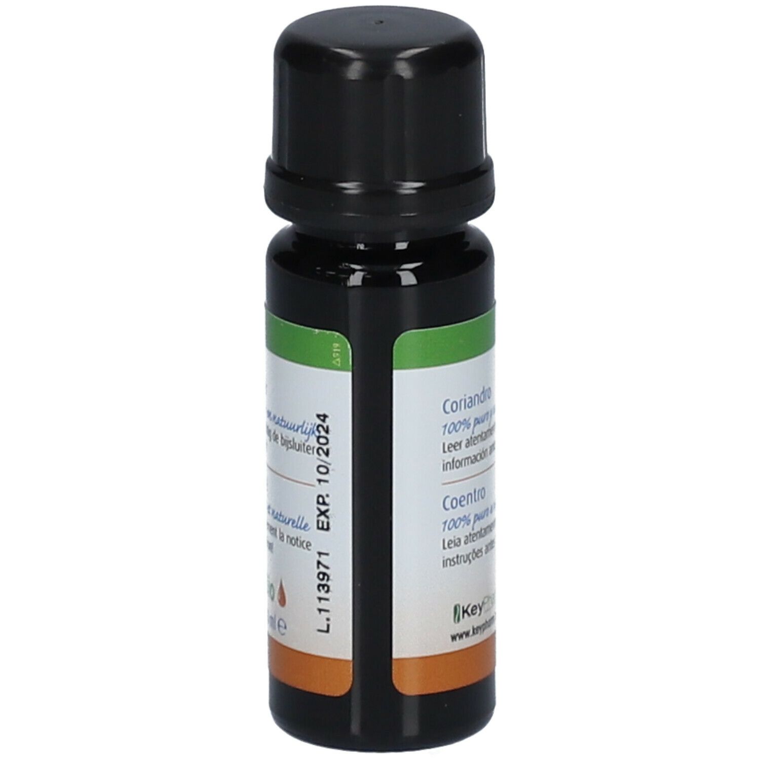 Flacon brun avec bouchon noir. Étiquette avec texte et date de péremption. Aromathérapie.