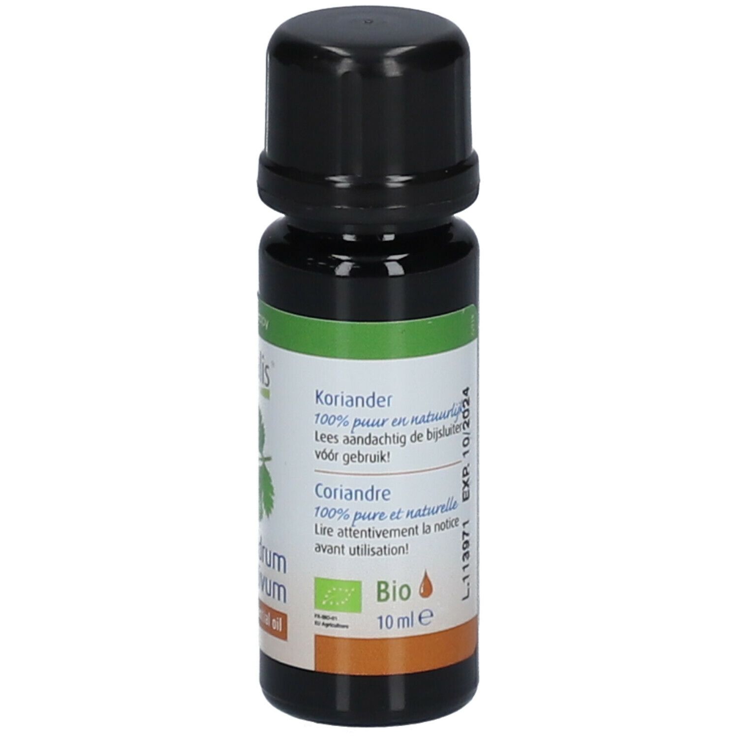 Flacon brun avec bouchon noir. Étiquette avec texte, volume et label bio. Aromathérapie.