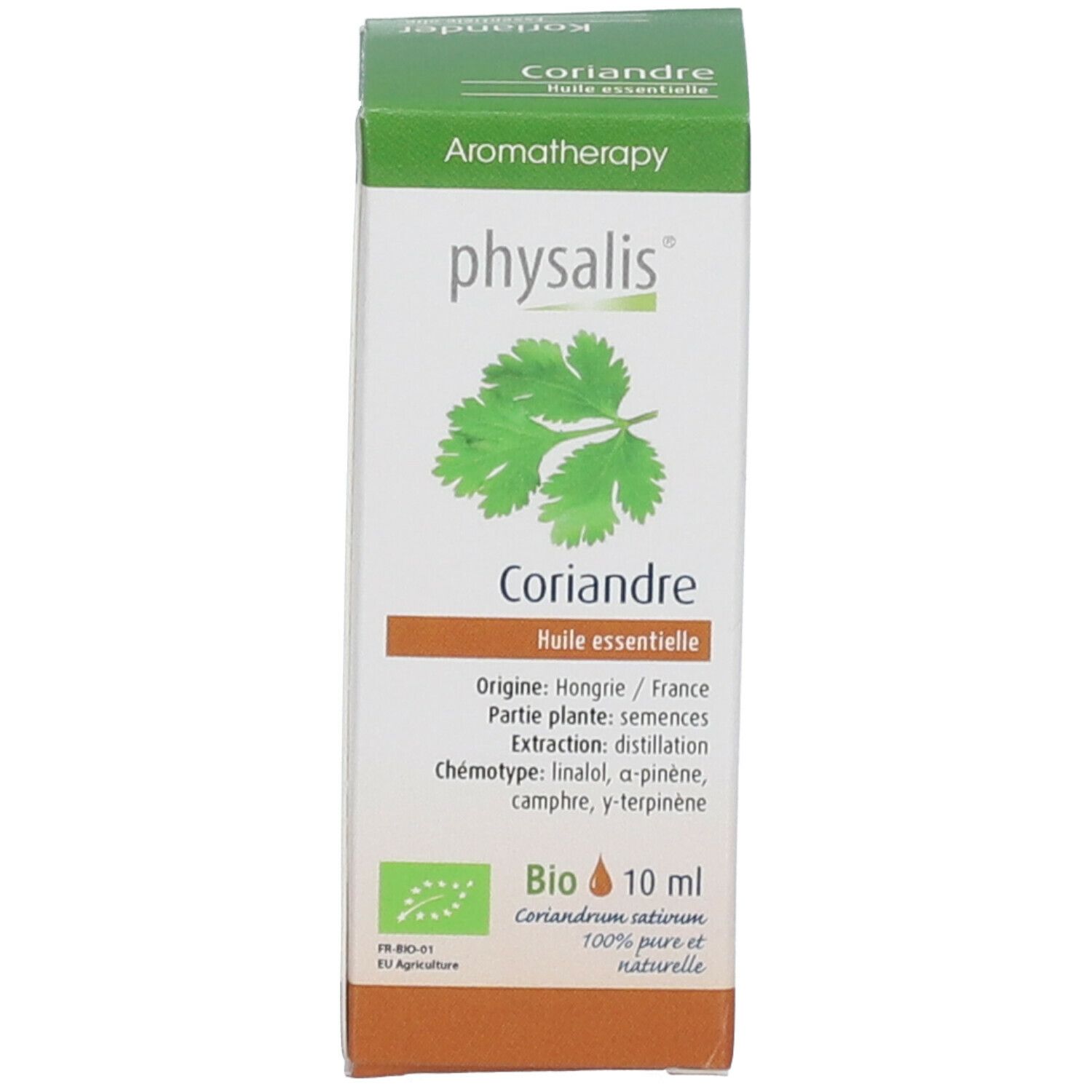 Emballage produit. Boîte avec texte, logo et illustration de coriandre. Aromathérapie.