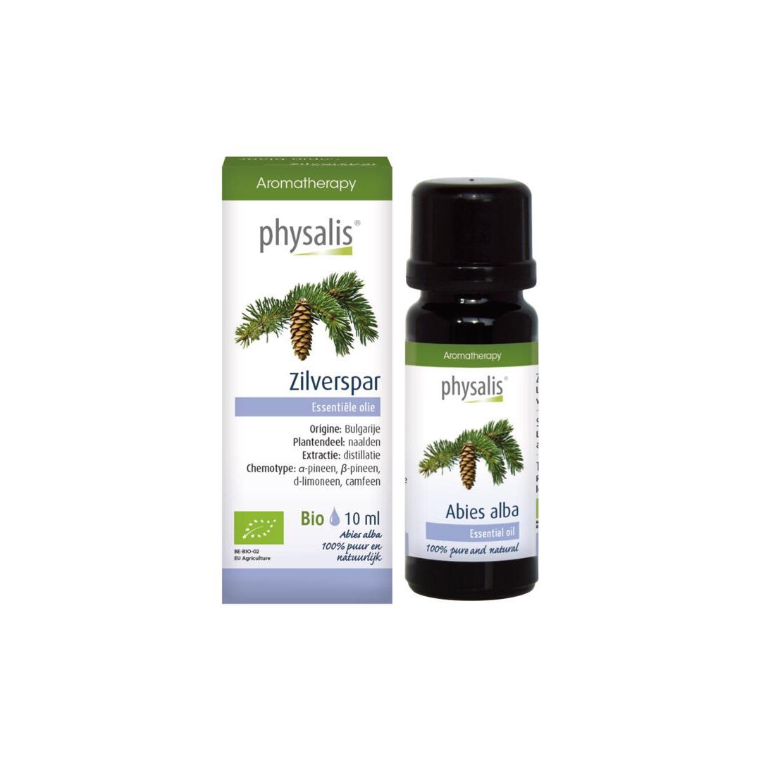 Bruine fles en doos. Doos met 'Zilverspar', 'physalis' en Bio-label. 10 ml.