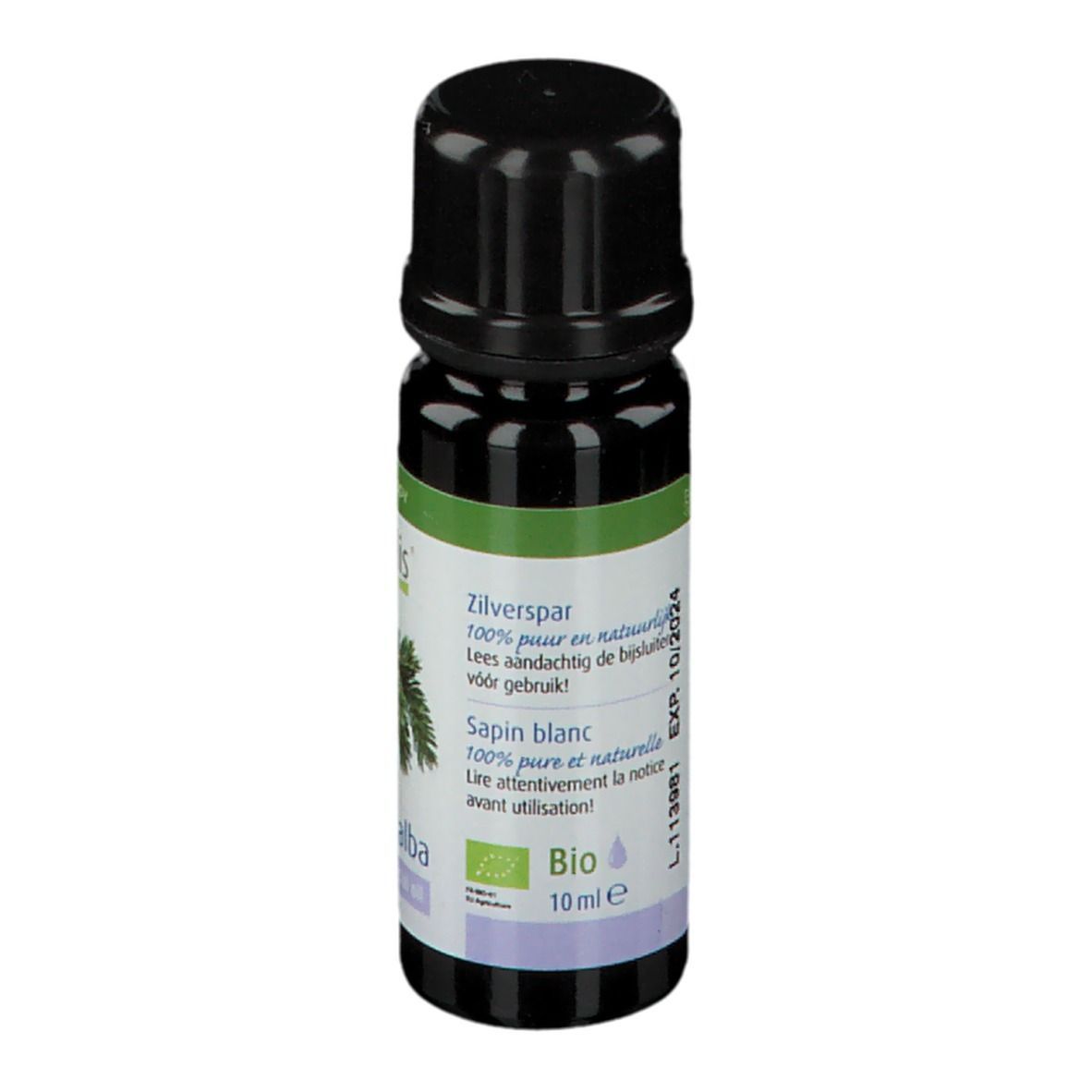 Flacon brun avec bouchon noir. Étiquette 'Sapin blanc', 'Abies alba' et label Bio. 10 ml.