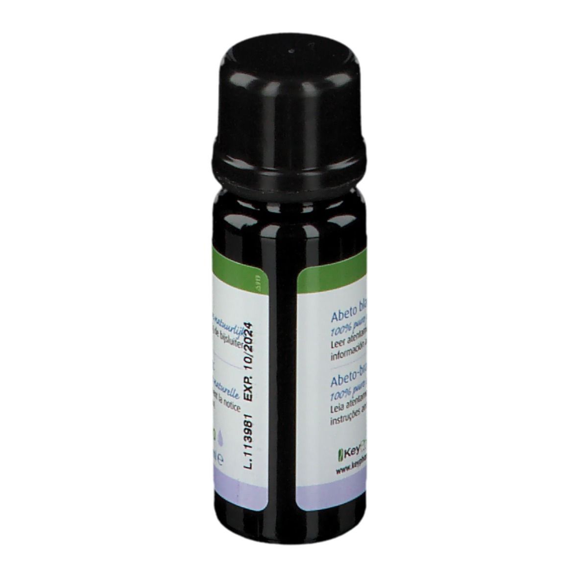 Flacon brun avec bouchon noir. Étiquette avec texte et date de péremption. Logo Keypharm.