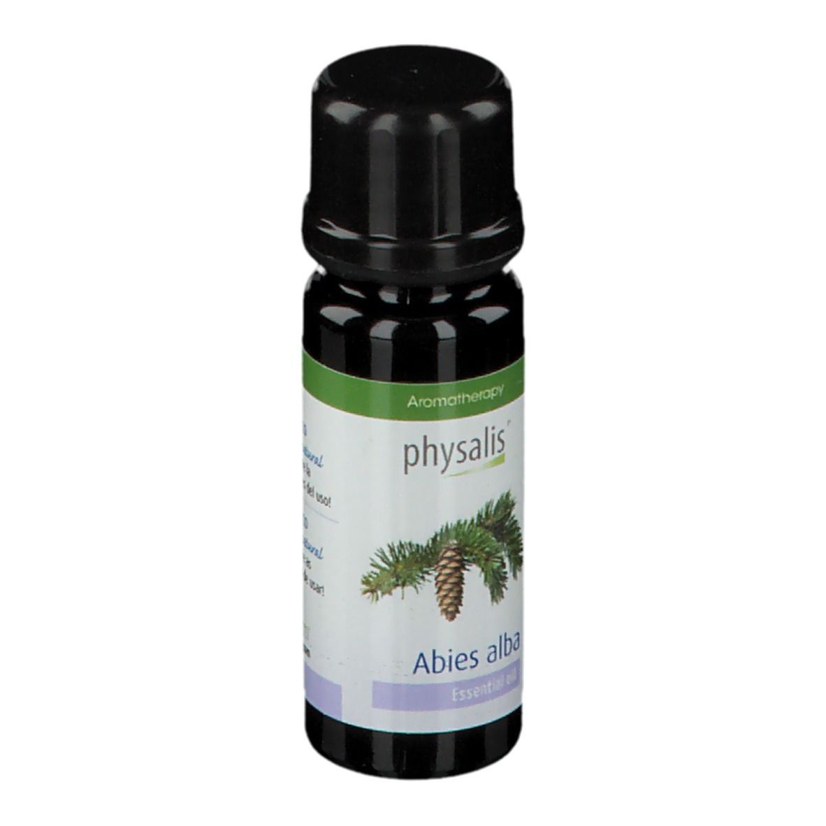 Flacon brun avec bouchon noir. Étiquette 'physalis', Abies alba et label Bio. Aromathérapie.