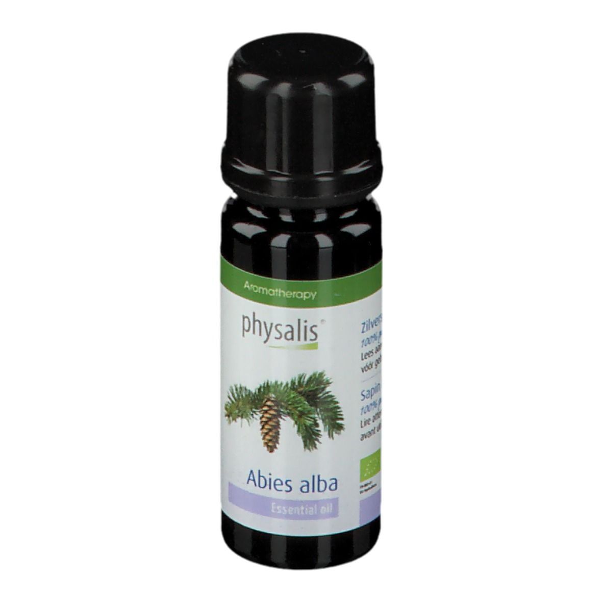 Flacon brun avec bouchon noir. Étiquette 'physalis', Abies alba et label Bio. Aromathérapie.