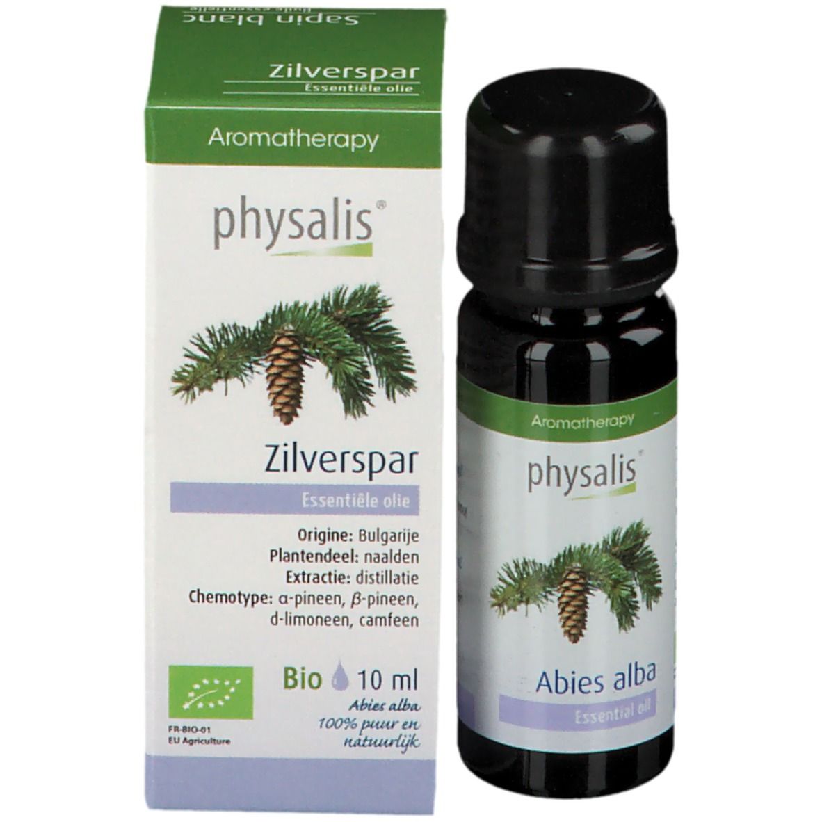 Flacon brun et boîte. Boîte avec 'Zilverspar', 'physalis' et label Bio. 10 ml.