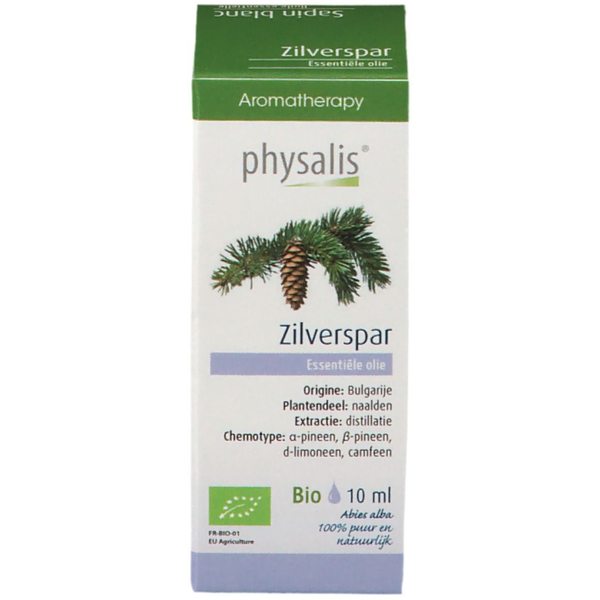 Boîte avec 'Zilverspar', 'physalis' et label Bio. 10 ml. Emballage vert et blanc.