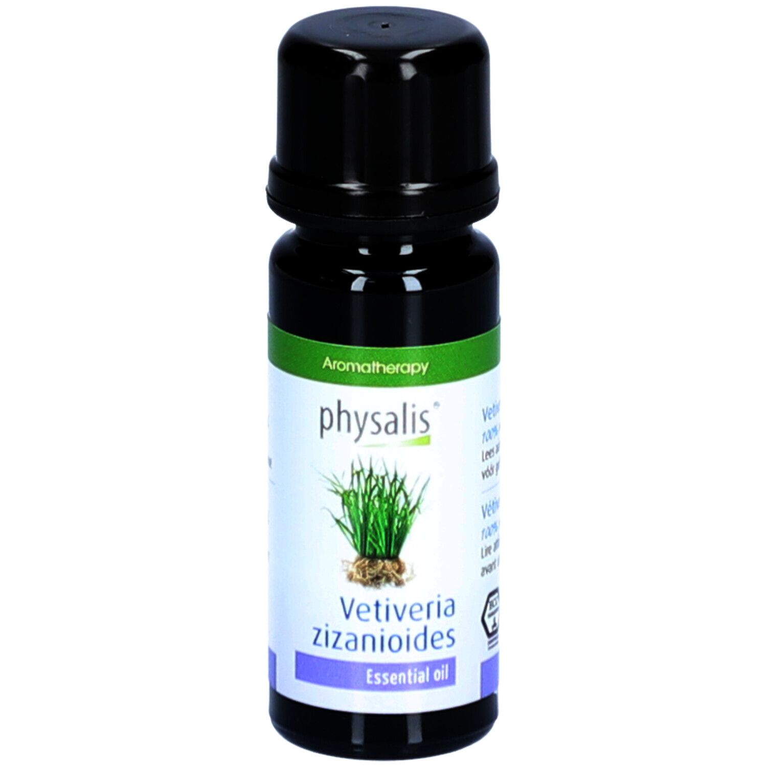 Braune Glasflasche mit schwarzem Deckel. Etikett mit Produktnamen, Pflanzenabbildung und Text. Aromatherapie.