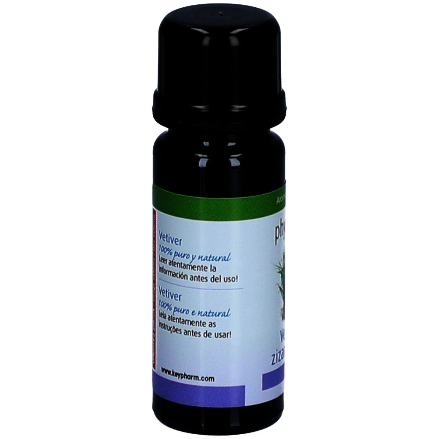 Braune Glasflasche mit schwarzem Deckel. Etikett mit Produktinformationen und Text. Aromatherapie.