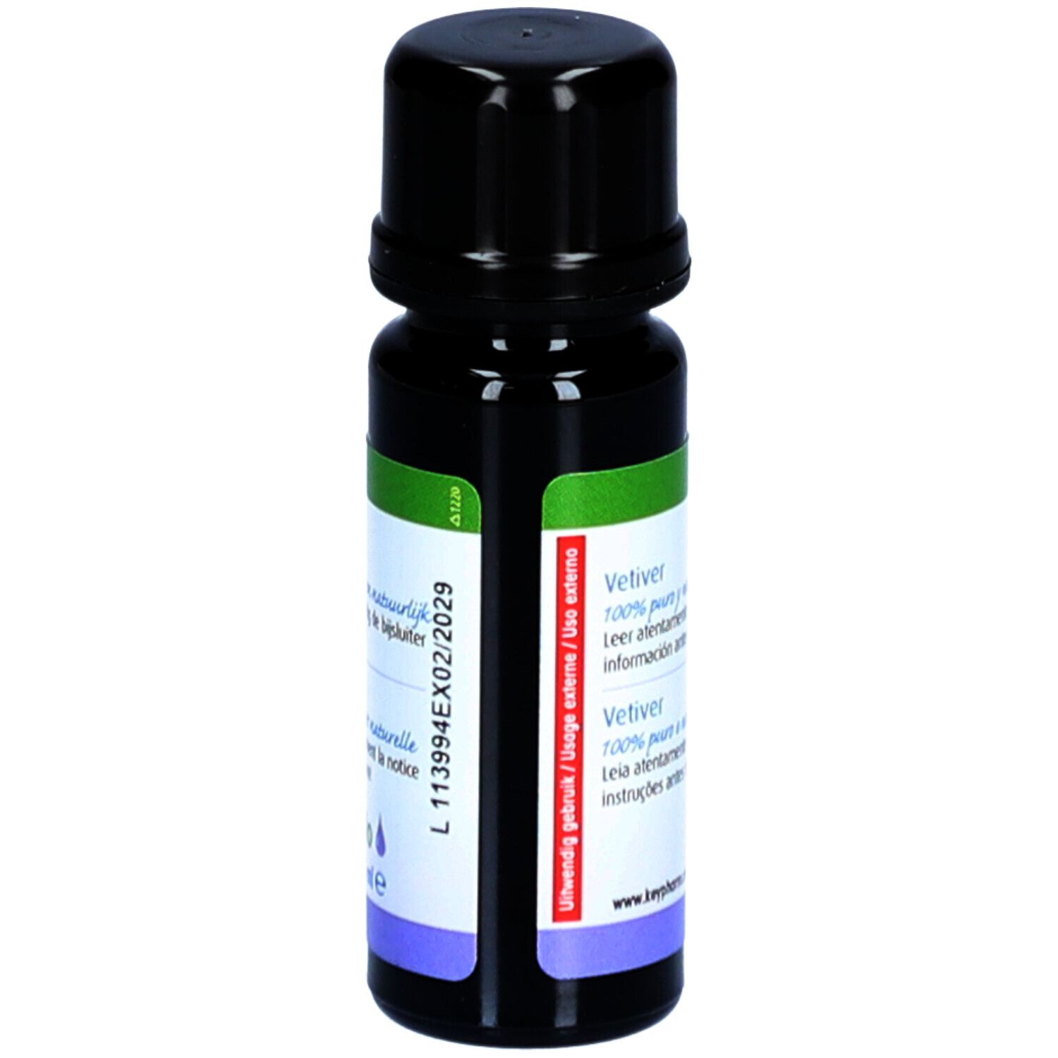 Braune Glasflasche mit schwarzem Deckel. Etikett mit Produktinformationen und Text. Aromatherapie.