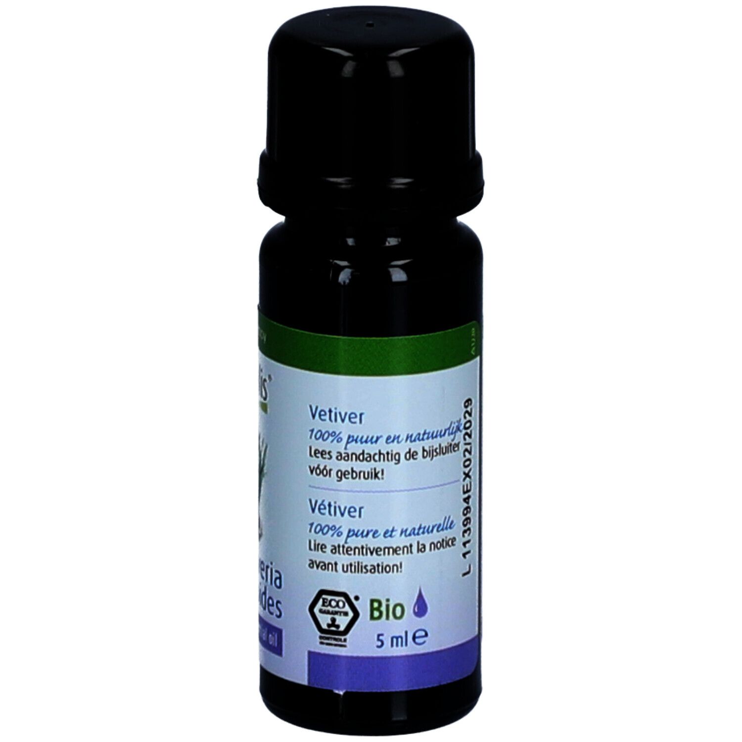 Braune Glasflasche mit schwarzem Deckel. Etikett mit Produktinformationen und Text. Aromatherapie.