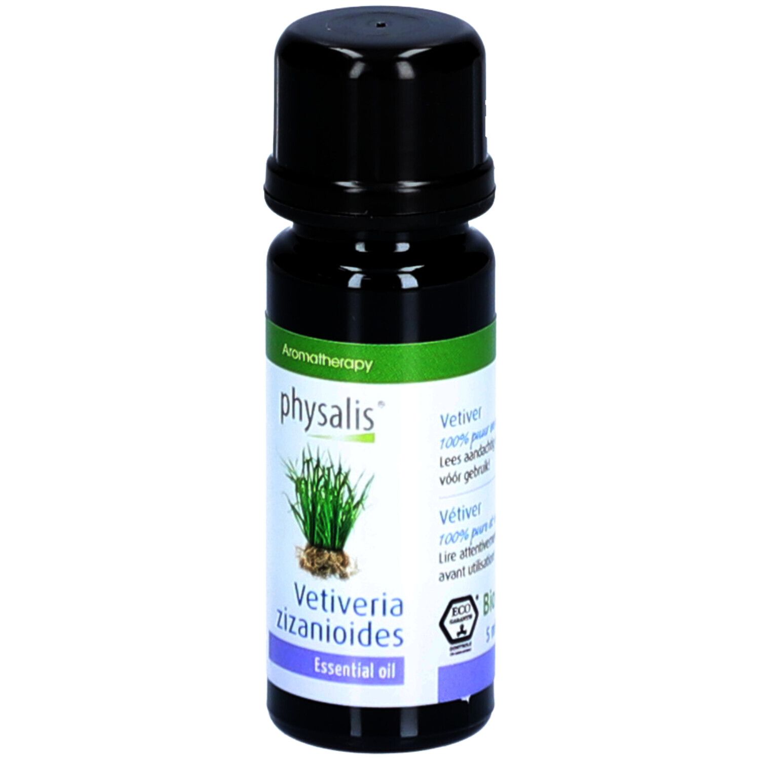 Braune Glasflasche mit schwarzem Deckel. Etikett mit Produktnamen, Pflanzenabbildung und Text. Aromatherapie.