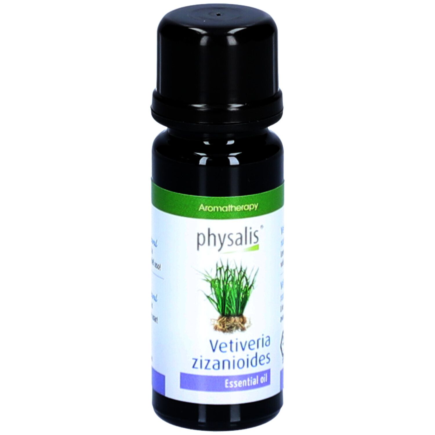 Braune Glasflasche mit schwarzem Deckel. Etikett mit Produktnamen, Pflanzenabbildung und Text. Aromatherapie.