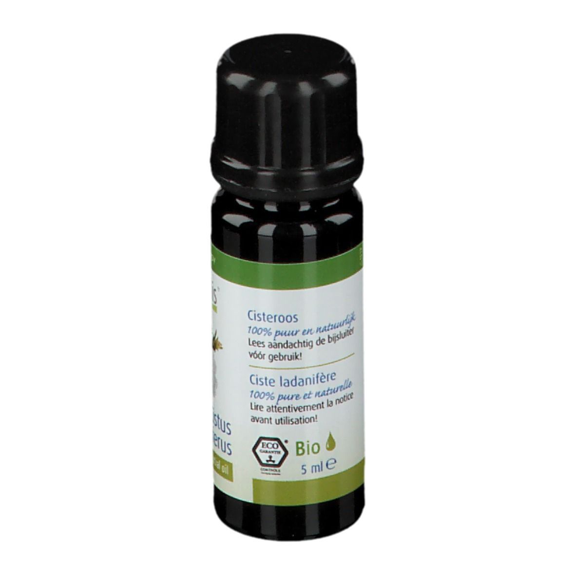 Bouteille en verre brun avec bouchon noir. Dos avec texte multilingue et label Bio.