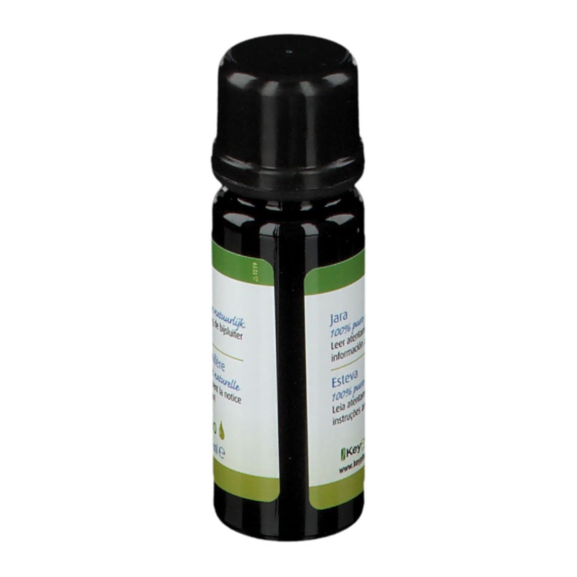 Bouteille en verre brun avec bouchon noir. Dos avec texte multilingue et label Bio.
