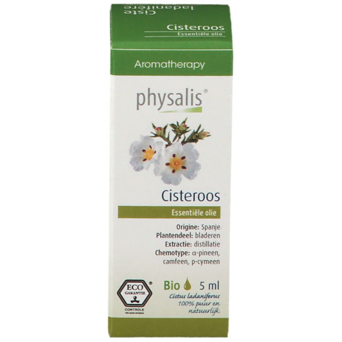 Emballage produit vert et blanc avec nom, illustration florale et label Bio.