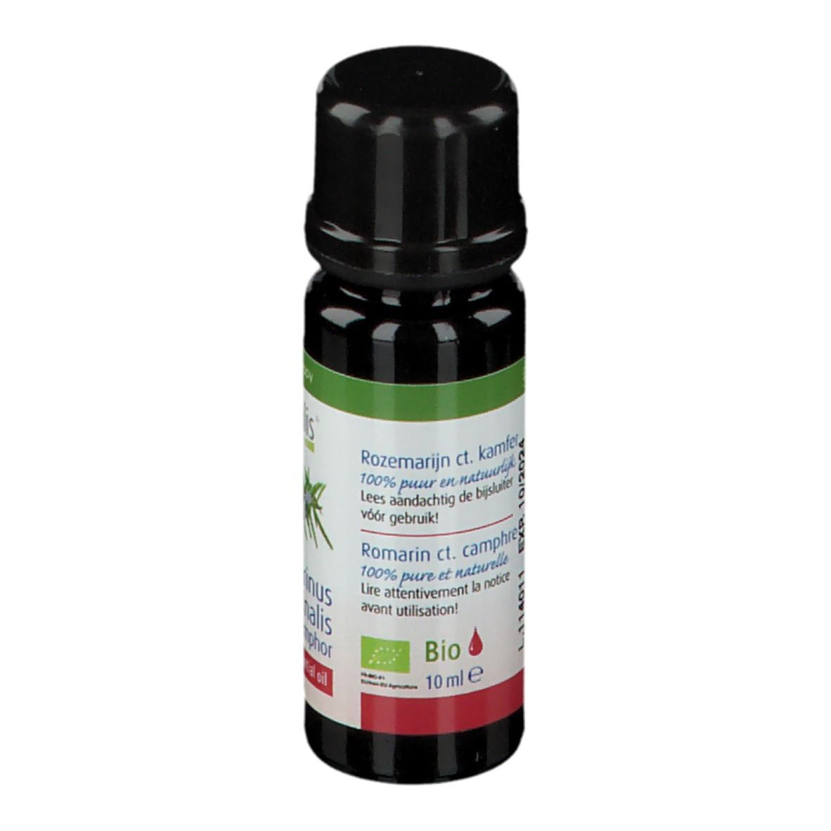 Flacon en verre brun avec bouchon noir. Étiquette avec informations produit en néerlandais. Aromathérapie.