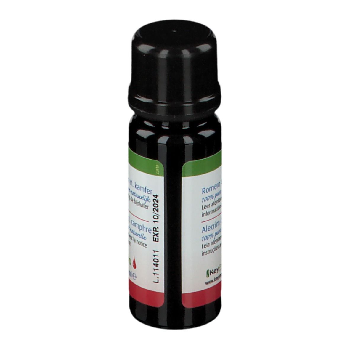Flacon en verre brun avec bouchon noir. Étiquette avec informations produit. Expiration 10/2024. Aromathérapie.