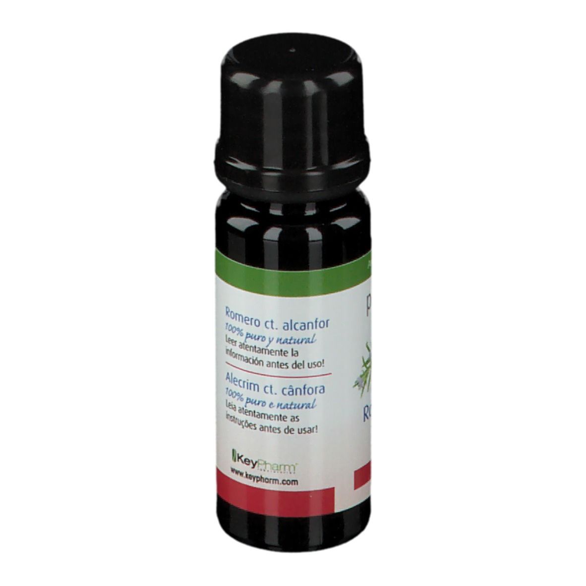 Flacon en verre brun avec bouchon noir. Étiquette avec informations produit en espagnol et italien. Aromathérapie.