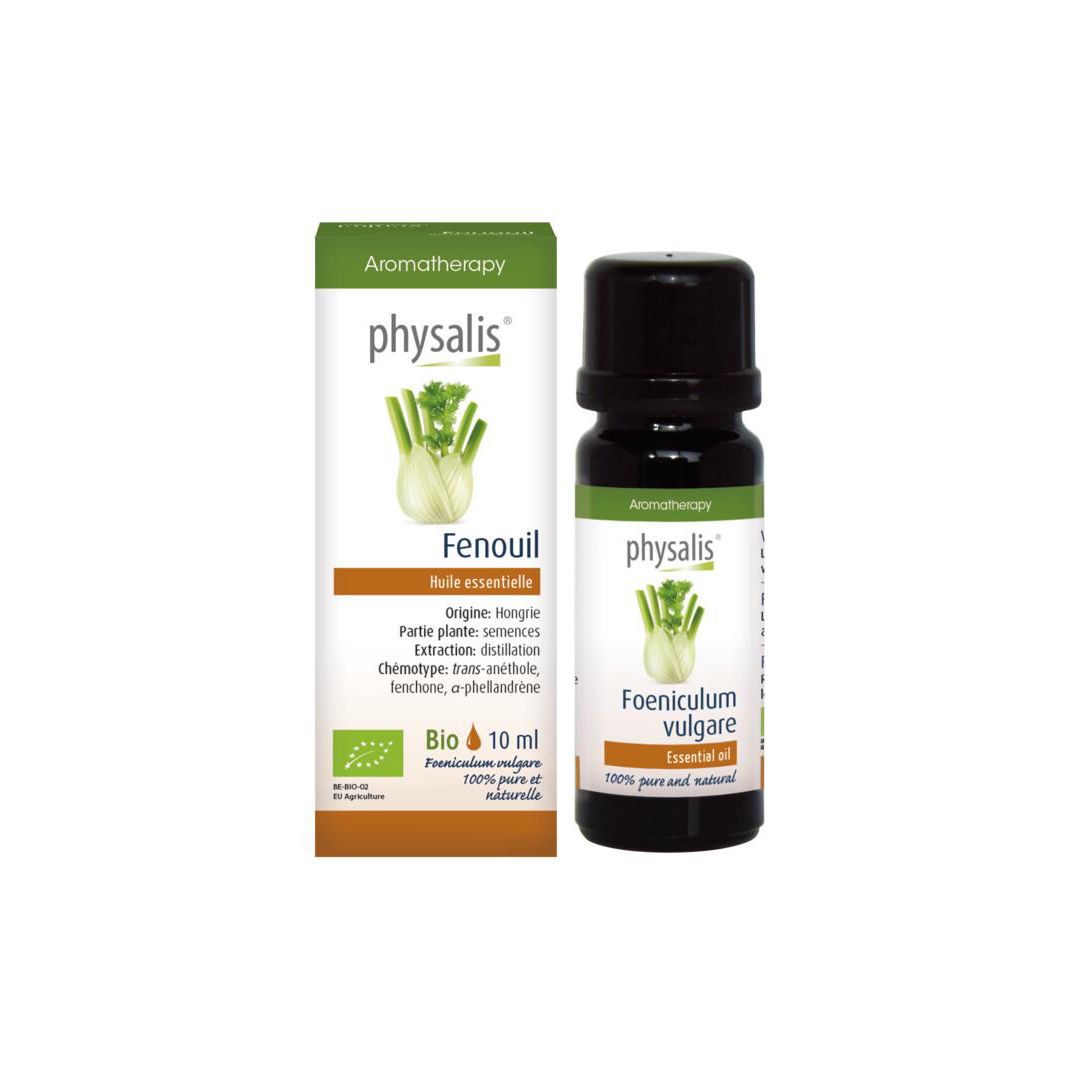 Physalis® Fenouil huile essentielle. Flacon et emballage. Inscriptions : Aromathérapie, Fenouil, 10 ml, Bio.
